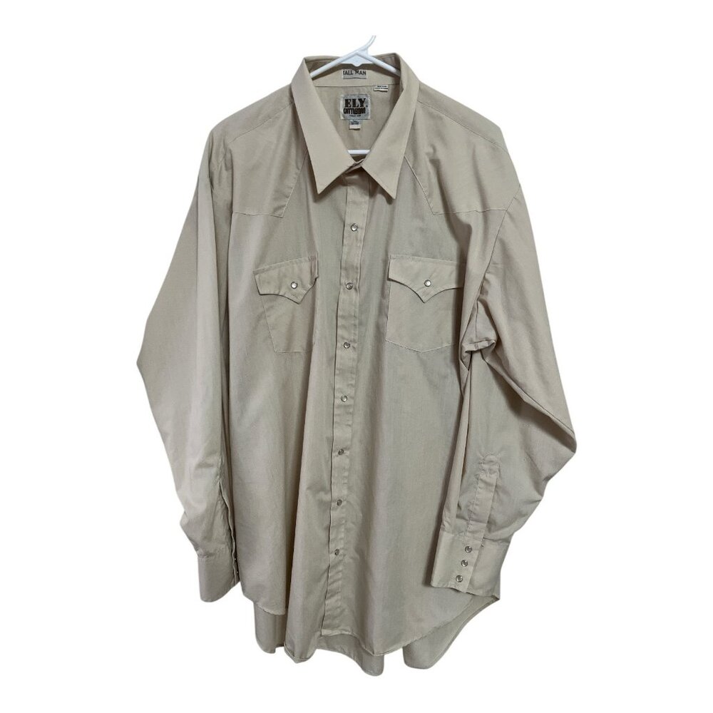 Vintage Ely Cattleman Tall Man Western Shirt Beige Pearl Snap 29x36